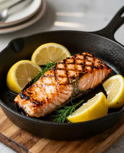 Grilled Salmon Fillet in Cast Iron Skillet - Food - AI generated image