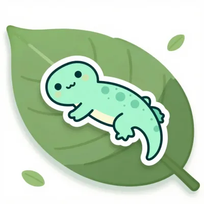 Pastel Green Kawaii Lizard Resting on Leaf - Illustration - AI generated image