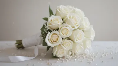 White Rose Bouquet with Ribbon and Pearls - Flowers - AI generated image