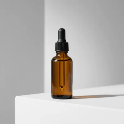 Amber Dropper Bottle on White Pedestal - Beverage - AI generated image