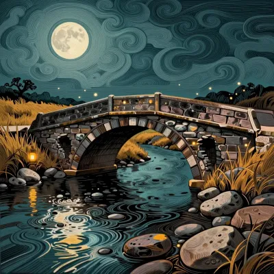 Stone Bridge Over Rippling River at Night - Architecture - AI generated image