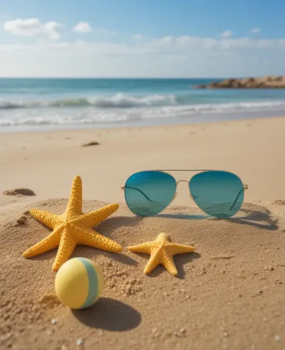 Sunglasses Resting on Sand with Starfish and Ball - Beach - AI generated image