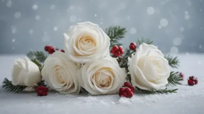 White Roses with Red Berries in Winter Frost - Flowers - AI generated image
