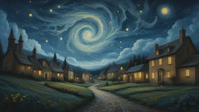 Starry Night Village with Cobblestone Path - Architecture - AI generated image