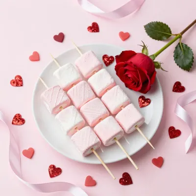 Pink Marshmallows Skewered with Red Rose - Food - AI generated image