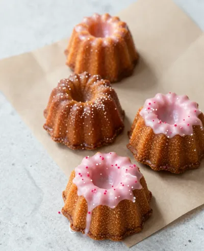 Mini Bundt Cakes with Pink Icing and Sugar Crystals - Food - AI generated image