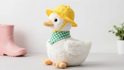 Plush Duck Wearing Yellow Hat and Green Scarf - Plush - AI generated image