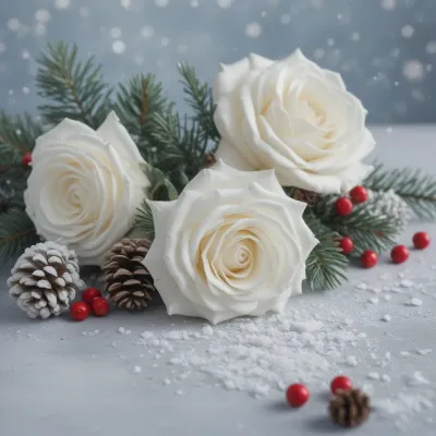 White Roses with Pinecones and Berries in Winter Frost - Flowers - AI generated image