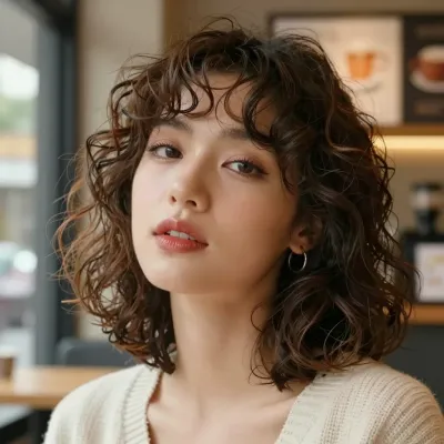Glossy Curly Haired Woman in Coffee Shop - Portrait - AI generated image