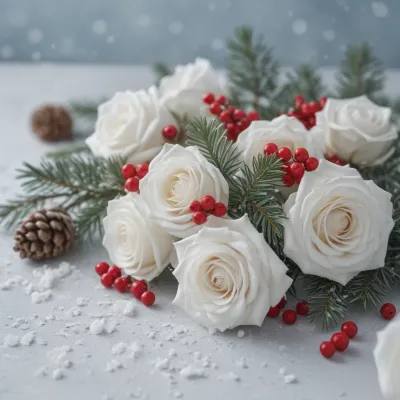 White Roses with Red Berries and Evergreen in Winter Frost - Flowers - AI generated image