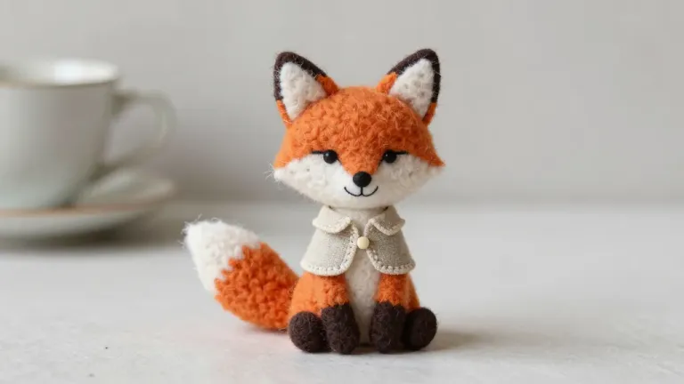 Felt Fox Sitting with White Scarf - Felt - AI generated image