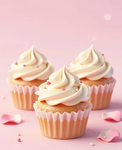 Cupcakes with White Frosting and Pink Sprinkles - Food - AI generated image