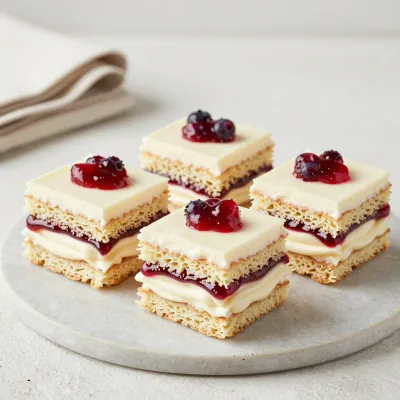 Layered Jam-Filled Dessert Squares with Golden Base - Dessert - AI generated image