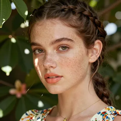 Freckled Girl with Braids in Garden - Portrait - AI generated image