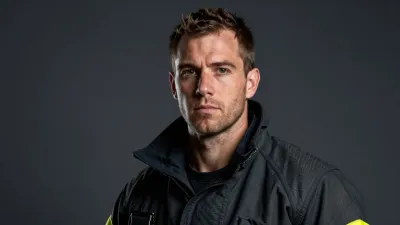 Firefighter Mid-Chest Up in Dark Jacket - People - AI generated image
