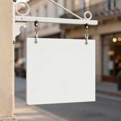 Blank White Sign Hanging Quiet Street - Urban - AI generated image