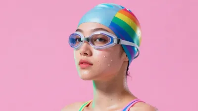 Rainbow Swimmer with Water Droplets - Portrait - AI generated image