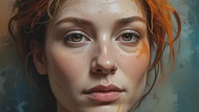 Glossy Face with Freckles and Orange Streaks - Portrait - AI generated image