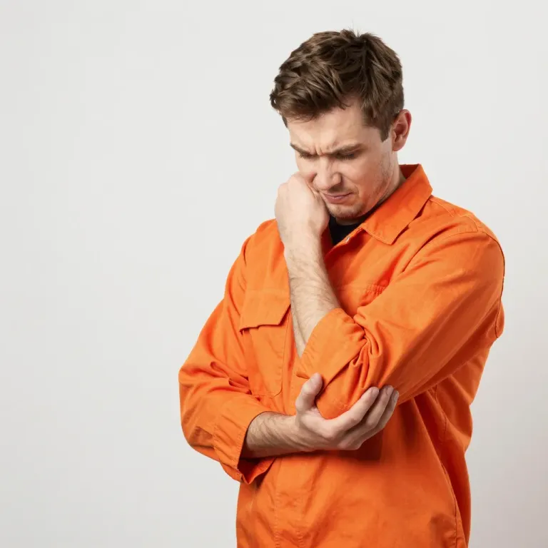 Construction Worker with Elbow Pain in Orange Jumpsuit - People - AI generated image