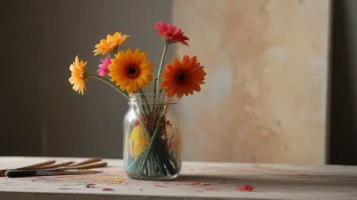 Daisies in Glass Jar on Wooden Table - Flowers - AI generated image