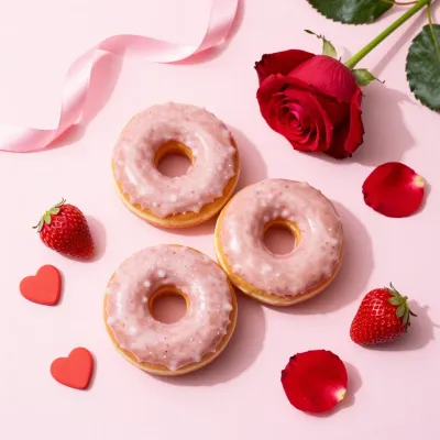 Pink Glazed Donuts with Rose and Strawberries - Food - AI generated image