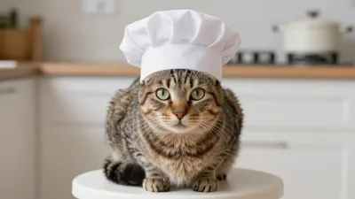 Tabby Cat Wearing Chef's Hat in Kitchen - Animal - AI generated image