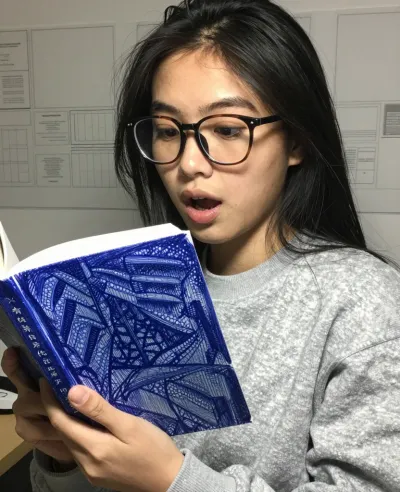 Young Woman Reading Glossy Blue Book - Portrait - AI generated image