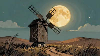 Crooked Windmill Under Full Moon - Architecture - AI generated image