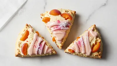 Apricot Scone Wedge with Glossy Apricots and Creamy Frosting - Bakery - AI generated image