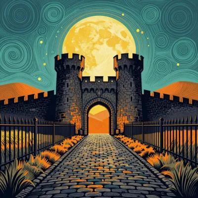 Castle Gate with Towers and Archway at Sunset - Architecture - AI generated image