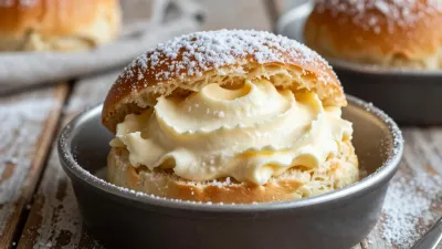 Cream-Filled Brioche Bun with Powdered Sugar - Food - AI generated image