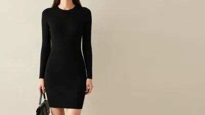 Woman in Black Knit Dress Holding Handbag - Fashion - AI generated image