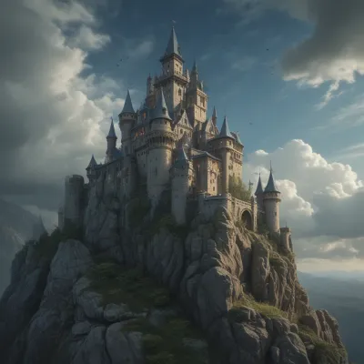 Rugged Fantasy Castle Perched on Rocky Cliff - Architecture - AI generated image