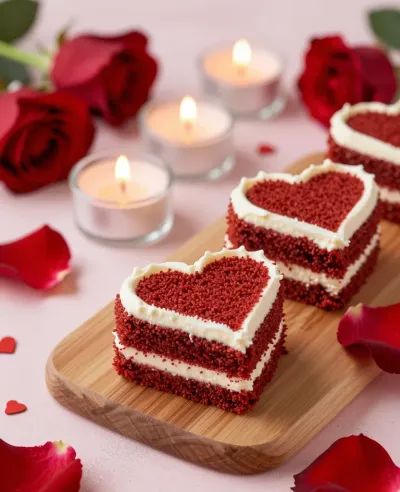 Heart-Shaped Red Velvet Cake with Candles - Food - AI generated image