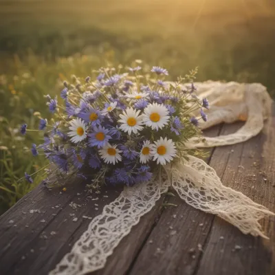 Wildflower Bouquet with Lace Ribbon in Golden Sunlight - Flowers - AI generated image