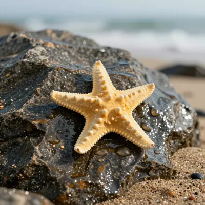 Starfish Resting on Wet Rock at Sunset - Marine Life - AI generated image