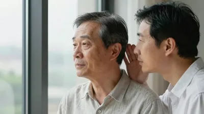 Older Man Whispering to Younger Man by Window - Portrait - AI generated image