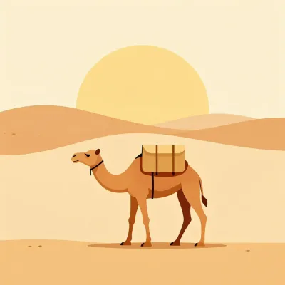 Camel with Saddlebag in Desert Sunset - Animal - AI generated image