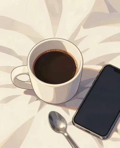 Coffee Cup and Smartphone on Tablecloth - Food - AI generated image