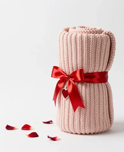 Pink Knitted Blanket with Red Ribbon - Blanket - AI generated image