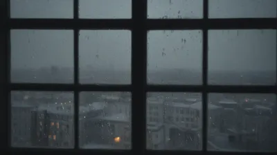 Raindrops on Window Panes Reflecting Cityscape - Weather - AI generated image