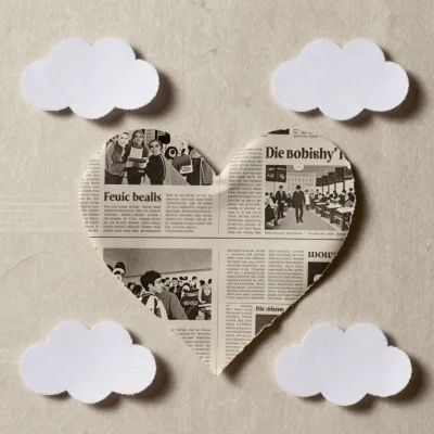 Heart-Shaped Newspaper Clippings with Clouds - Art - AI generated image