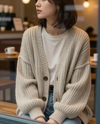Beige Knit Cardigan Woman in Café - Fashion - AI generated image