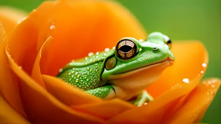 Dewy Frog Resting on Orange Rose Petals - Wildlife - AI generated image