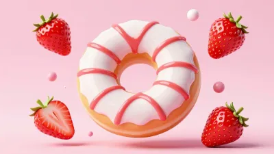 Glazed Donut with Pink Icing and Strawberries - Food - AI generated image