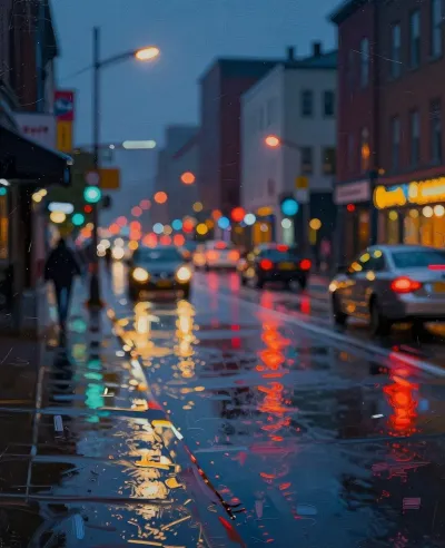 Wet Street Reflections at Night - Urban - AI generated image