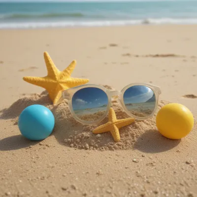 Sunglasses with Starfish and Spheres on Beach - Accessories - AI generated image
