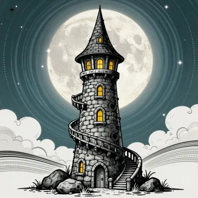 Spiral Stone Tower Illuminated by Moonlight - Architecture - AI generated image