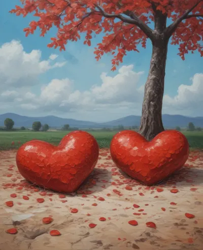Glossy Red Hearts Under Tree - Love - AI generated image