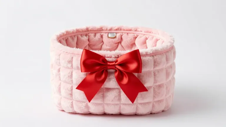 Pink Plush Basket with Red Ribbon - Basket - AI generated image